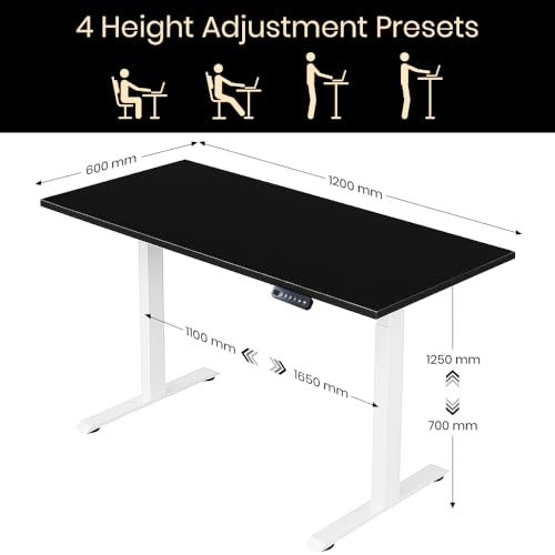 Image of Pulse Electric Height Adjustable Table Standing Desk with 4 Memory Presets| 1200 X 750 CM (25mm Blacktop & White Frame)| 80KG Wt Cap| 3 Year Warranty| Adaptor Hanger, Headphone & Cup Holder