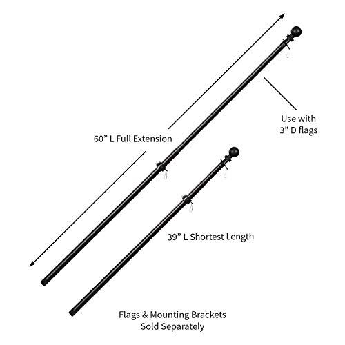 Evergreen Telescoping 5ft Metal Flag Pole | Incl Two Tangle-Free Ring Clips | Black | Wall Mounted for Home Garden Outdoor | House and 3'x5' American Flags with Pole Sleeve or Grommets