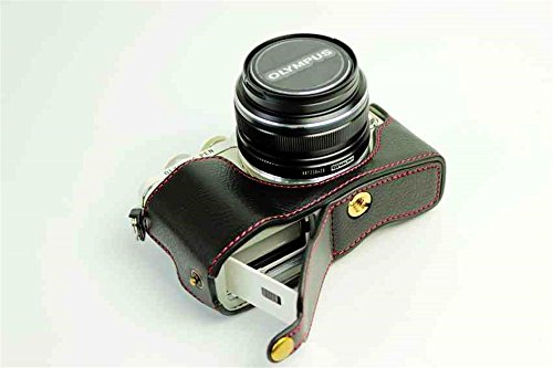 E-Pl7 Case, Bolinus Handmade Genuine Real Leather Half Camera Case Bag Cover For Olympus Pen E-Pl7 E-Pl8 Epl7 Bottom Opening Version + Hand Strap -Black #TOP1
