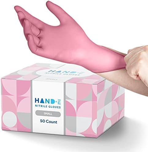 Hand-E Touch Pink Nitrile Disposable Gloves Small, 50 Count - Esthetician, Nail Tech, Microblading, Hair Dye & Stylist, Salon, Cleaning Gloves - Latex Free Gloves