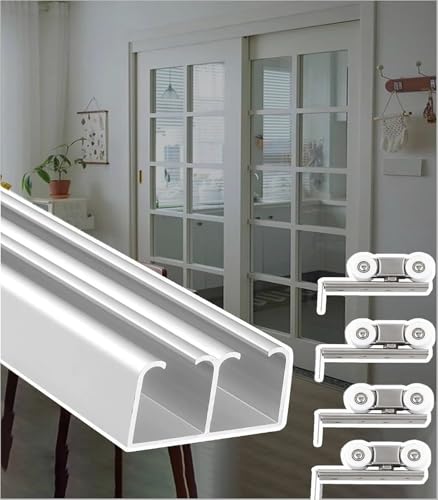 Juego de ruedas de repuesto para riel deslizante, kit de herrajes para puertas de granero dobles pesadas de 2.5 pies (76 cm / 30 in), sistema de riel personalizado para puertas correderas, montaje en techo, color plata