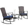 WAROOM Outdoor Rocking Chair 3 Piece Porch Chairs PE Wicker Patio Bistro Set Brown Rattan Furniture Sets with Coffee Table Navy Blue Cushion
