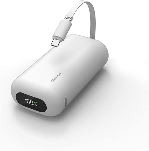 Cargador portátil pequeño con cable USB-C integrado, batería de carga rápida PD de 10000 mAh 18 W. Paquete de batería ultra compacta con pantalla
