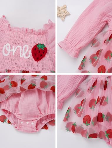 IDOPIP Baby Girls Strawberry Butterfly 1st Birthday Outfit Berry One Romper Smocked Ruffle Tutu Dress with Headband Clothes4
