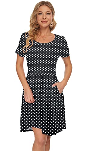 Auselily Women's Short Sleeve Pleated Loose Swing Casual Dress With Pockets Knee Length 2023(2Xl,Black Dots) #TOP3