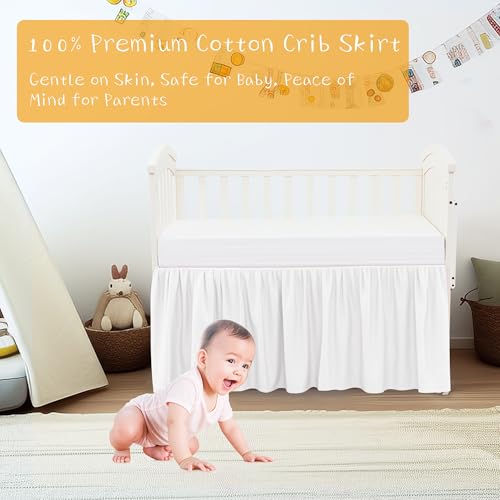 Image of Crib Bed Skirt Dust Ruffle 100% Cotton - Natural, Soft, Breathable for Baby's Delicate Skin, Nursery Toddler Crib Bed Skirt for Baby Boys Girls, Fits Standard Cribs 28 inch x 52 inch with 14 inch Drop