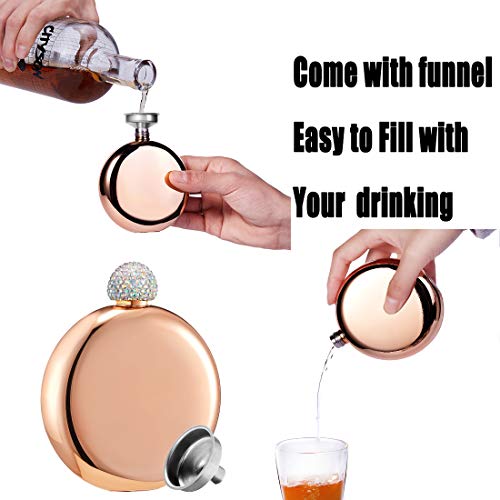 Booze Shot Flask For Women- Ab Crystal Lid Creative 304 Stainless Steel Wine Alcohol Liquor Flask For Women Girls Men Party Hand Size Hip Flask Glitter Coating Whiskey Flasks-5Oz (Rose Gold) #TOP2