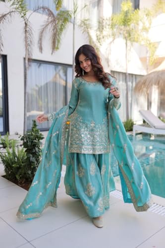 Image of Women's Embroidered Kurta Sharara Set with Dupatta | Designer Indian Ethnic Suit | Festive, Wedding, Engagement & Party Outfit for Women