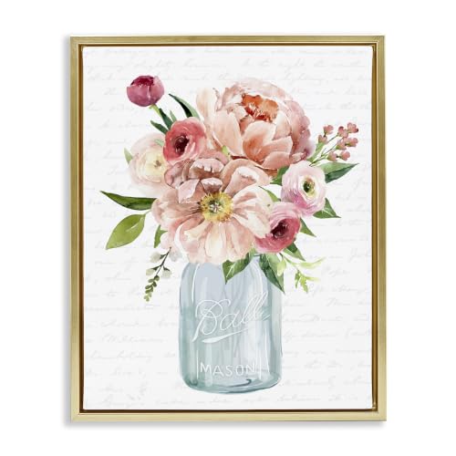 Pink Peony Floral Script Arrangement, 17 x 21 Inch Canvas in Floater Frame