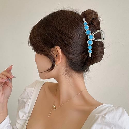 Pince à cheveux forte tenue antidérapante en métal et pierres bleues pour femme - 6