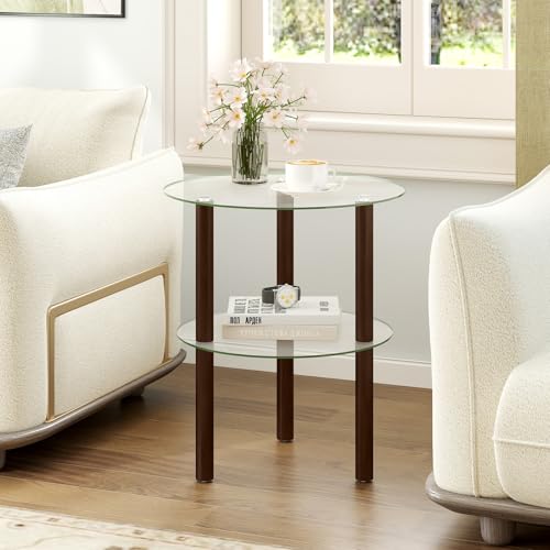 Image of GIANTEX Round End Table, 2-Tier Sofa Side Table with Clear Tempered Glass Top & Shelf, Small Accent Table with Solid Rubber Wood Legs for Living Room Bedroom Home Office (Brown & Clear)