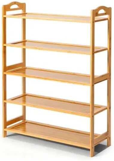5-Tier Bamboo Shoe Rack, Natural Wood Color, 68x25x89cm, Flat Storage Organizer Shelf