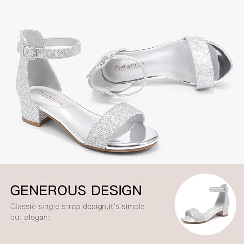 Image of Dufannie Girls Sandals Low Heels Dress Pump Ankle Strap Open Toe Flower Girl Wedding Party for Toddler Little Big Kid