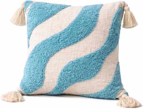 Image of Cushion Cover Pack of 3 (16x16 Inches) | Cotton Textured Decorative Throw Pillow Case for Sofa Bed Living Room Diamond Tufted Cushion Cover with Tassels (BlueWaves)