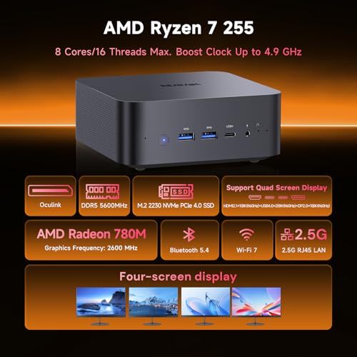 Image of Reatan X7 Gaming Mini PC AMD Ryzen 7 255 (Upgraded 8745HS), 48GB 5600MHz DDR5 2TB Pice 4.0 SSD, OCuLink, Built-in Speakers, USB4 /HDMI 2.1 /DP 8K, Wi-Fi7,2.5G LAN, Mini Desktop Computer, Radeon 780M