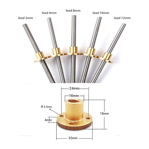 Threaded Backlash Tr10x2 Stainless Steel Screw Rod 2mm 4mm 8mm 10mm 12mm Lead T10 Lead Screw with Brass Nut 10mm Trapezoidal Screw Rod Screw trapezoidal (Color : Pitch 2 Lead 10mm, Size : 550mm)