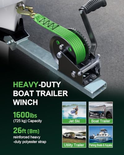 Image of Kolvoii 1600 lbs Boat Trailer Winch with Strap, Portable Hand Winch, 2-Way Ratchet 4.1:1 Gear Ratio for Boat, Trailer, Marine and Jet Ski, 26FT Strap, Green