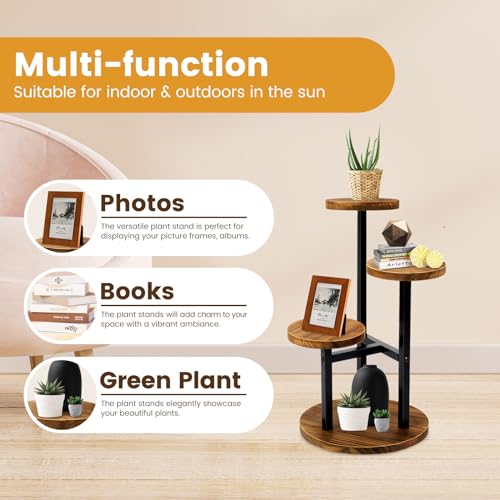 GEEBOBO 3 Tier Plant Stand Indoor, Metal Wood Plant Stands For Indoor Plants Multiple, Corner Tiered Flower Plants Shelf Stand for Living Room Bedroom, Brown