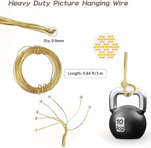Image of Gold Picture Hanging Brass Wire 20 Feet Braided Picture Wire Multi-Stranded Metal Wire for Artwork, Mirrors, Clocks, Hardware