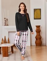 Ekouaer Schlafanzug Damen Lang Pyjama Set Hausanzug, Schwarz Pink Karo XL – Ansicht 2
