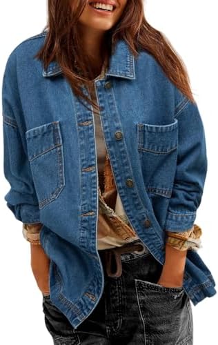 Sidefeel Women's Jean Jacket Oversized Boyfriend Button Up Long S...