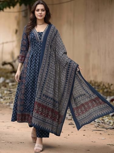 Image of ASSUME FAB Women's Blue Viscose Ajrakh Print Anarkali Kurta with Pant & Dupatta Set | Ethnic V-Neck Flared Salwar Suit for Wedding
