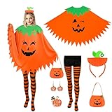 NatuBeau 6 PCS Halloween Pumpkin Costume Women, Double-Sided Pumpkin Poncho with Headband, Striped Tights, Bag, Earrings and Brooch, Halloween Costume with Accessories for Cosplay Party