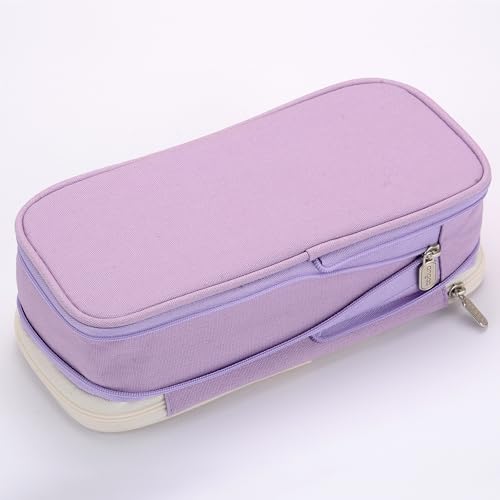 Image of Large Capacity Big Special Cute Aesthetic Preppy Canvas Pencil Case Organizer Holder Pouch Bag with Zipper Compartments, Pen Cases for Women Girls School Adults (Beige /Purple)