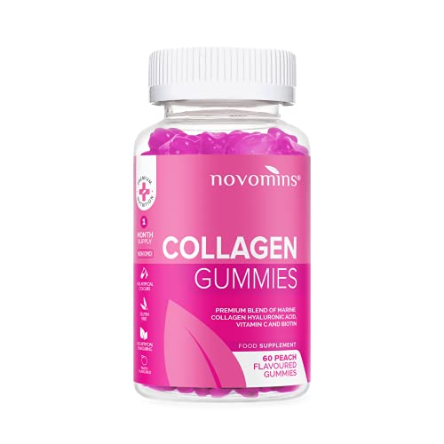 Collagène et Acide Hyaluronique Gummies de Novomins Nutrition - Compléments Alimentaires 60 Gummies de Collagène Marin - Collagène Hydrolysé Supérieur de Type 1 - Collagène Marin - avec Vitamine C Cover