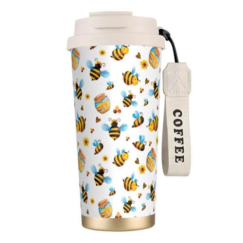 LMNvbz Taza de café aislada de acero inoxidable 316 con diseño de abeja de dibujos animados, tapa al vacío, taza de té de viaje que mantiene el calor y el frío