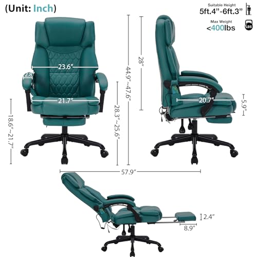 Image of Massage Office Chair with Foot Rest 6 Points Vibration and Heat Home Office Desk Chairs for Heavy People 400lbs Reclining Managerial Chairs Ergonomic Executive Chair (Teal Blue)