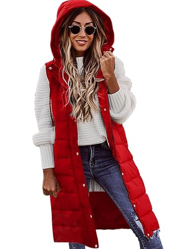 Womens Long Hooded Quilted Puffer Vest Zip Up Sleeveless Hoodie Quilted Vest Jacket Winter Warm Coat