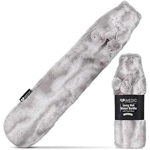 iMedic 2L Extra Long Hot Water Bottle Covered with Luxury Cover Made from Super Soft Fleece or Comfy Knit - Long Hot Water Bottle with Cover UK - Large Hot Water Bottle - Faux Fur Silver Grey Cover