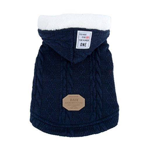 SMALLLEE_LUCKY_STORE Knitted Dog Clothes Jumper with Hood Warm Hoodie Jacket Coat for Small Dogs Blue M, M(Back:9.5";Chest:14.5")