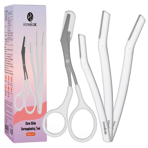 Image of HOMEBASIC Reusable Face Razors with Eyebrow Trimmer Scissor| Painless Hair Remover Kit for Men & Women's Eyebrows, Forehead, Upper Lips, Chin, Peach Fuzz, Sideburns| Dermaplaning Tools (Pack of 4)