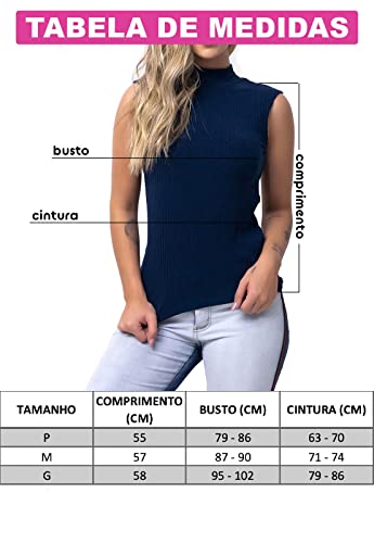 Blusa Regata Básica Vicbela Gola Alta Canelado Manga Curta (Azul Marinho, G)