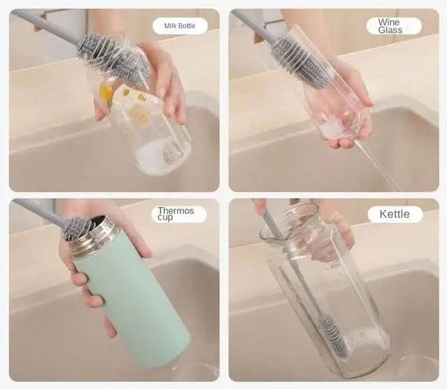 SARTHU Bottle Cleaning Silicone Brush with Long Handle for Baby Bottle, Water Bottle, Narrow Neck, Containers, Vase and Glassware, Sports Bottle, Cleaning (Multicolor) Pack of 2 1