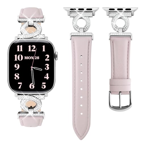 wutwuk Bracelet en cuir véritable compatible avec Apple Watch 42(S11/10)/40/41/38mm, iWatch Bracelet avec Boucle en strass pour iWatch SE3/2/1 Series 11 10 9 8 7 6 5 4 3 2 1, Rose clair+Argent