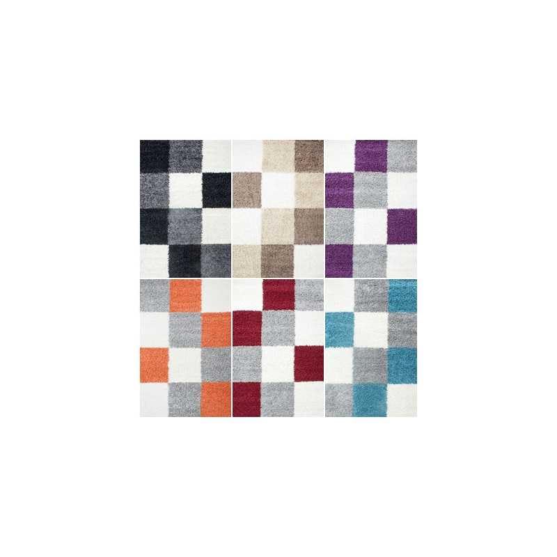Tapis shaggy épais motif carreaux tricolore noir blanc gris 120x170
