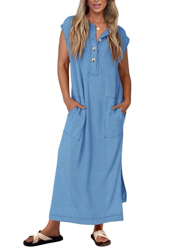 Image of KIRUNDO Womens Summer Ribbed Knit Short Sleeve Maxi Dress | 2026 Spring Henley Button Up Knitted Tshirt Dress, Loose Beach Vacation Sundress, Teacher Dress, Loose Fit Nursing Friendly