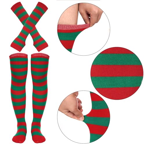Image of Tongcloud Women's Striped Knee High Socks, Over Knee Thigh High Socks, Arm Warmer and Fingerless Gloves Set