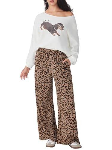 Image of CIDER Women Leopard Print Wide Leg Lounge Pants Sweatpants Elastic Waist Casual Trousers with Pockets