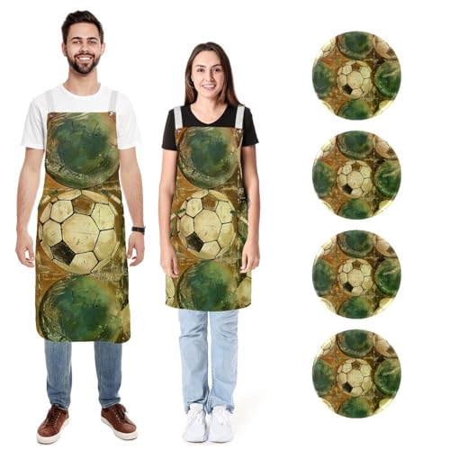 Tabliers de cuisine en lin avec poches réglables Old Football - Lot de 2 tailles M et L