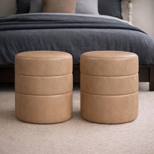 Image of HomePop 18 inch Round Ottoman - Sand Faux Leather