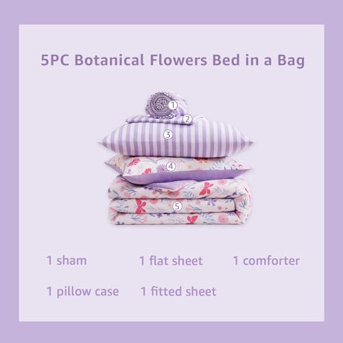 Image of Twin XL Comforter Set for Girls Butterfly Botanical 5 Pieces Bed in a Bag