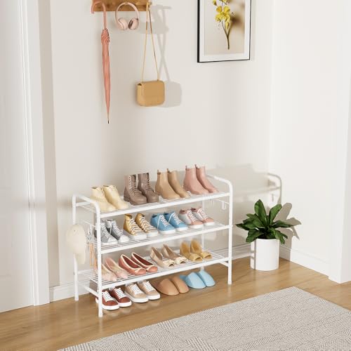 Image of VILICK 3 Tier Shoe Rack 33 inch Wide Metal Shoe Organizer Long Shoe Storage with 4 Side Hooks Sturdy Shoes Shelf for Front Door Entrance, Closet, Garage, Dorm, White