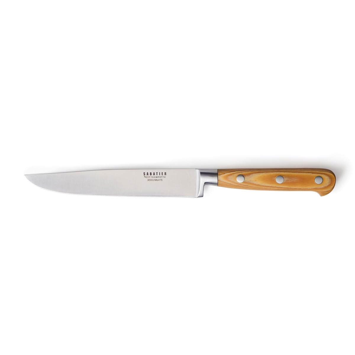 SABATIER TROMPETTE - Set 5 couteaux de cuisine : Couteau et fourchette à découper, Filet, Santoku, Chef - Essentiel - Acier MoV (Molybdène Vanadium) finition satinée manche bois de pakka