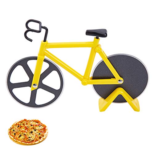 Divertente tagliapizza per bicicletta con supporto, antiaderente per pizza con doppie lame in acciaio inox, ideale per gli amanti della pizza