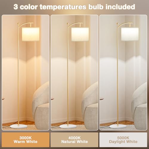 Image of Ambimall 60 inch Floor Lamp for Living Room with 3 Color Temperatures, Gold Standing Lamp with White Marble Base, Modern Tall Lamp for Bedroom Office, 9W LED Bulb Included