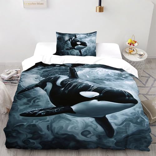 SHOVERKD Orca Majestät Bettwäsche Set Marine Wild Tiere 3D Gedruckt Microfaser Für Jugendliche Mit Reißverschluss 2pcs Inkl. Kissenbezug Single（135x200cm）